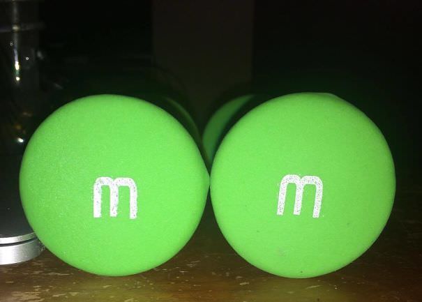My girlfriend's 3 lb weights look like green m&ms