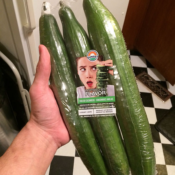 The kid's face on this cucumber packaging makes me uncomfortable.