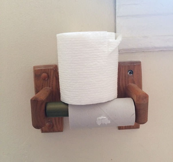 How my wife changes the toilet paper roll.