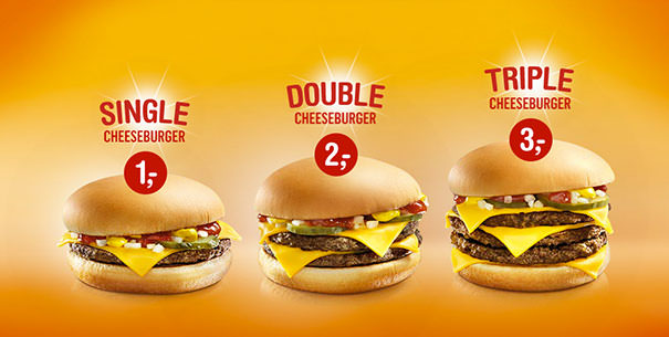 The cheese placement on the triple cheeseburger.