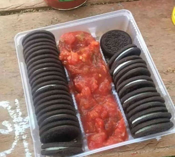 My friend's wife is pregnant. She got cravings for sweet and spicy. Oreos and salsa it is.