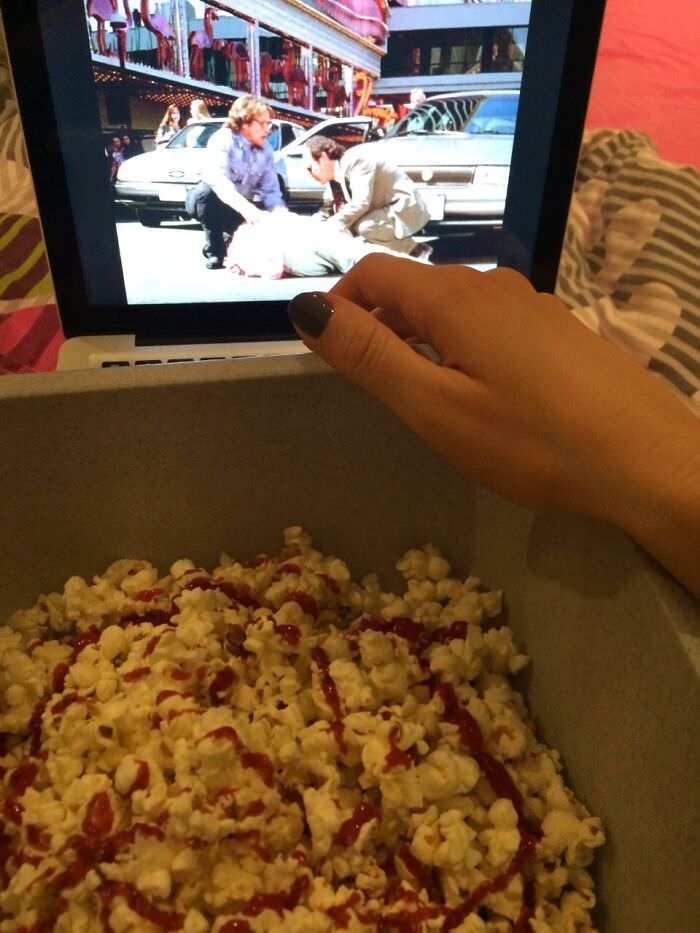 My friend puts ketchup on her popcorn. Ketchup, on her popcorn.