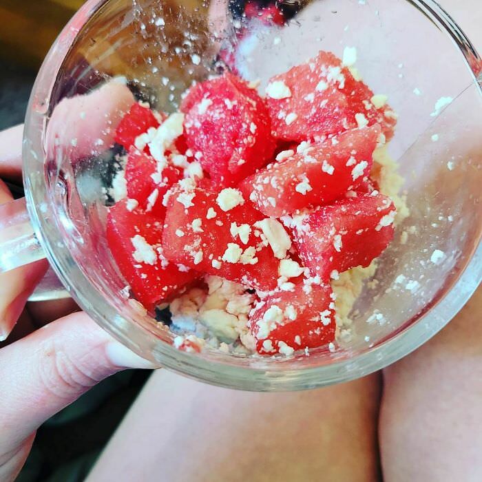 This has got to be my new favorite treat. Watermelon and feta! This is my first time having it, and I think I'm going to have it every day now.