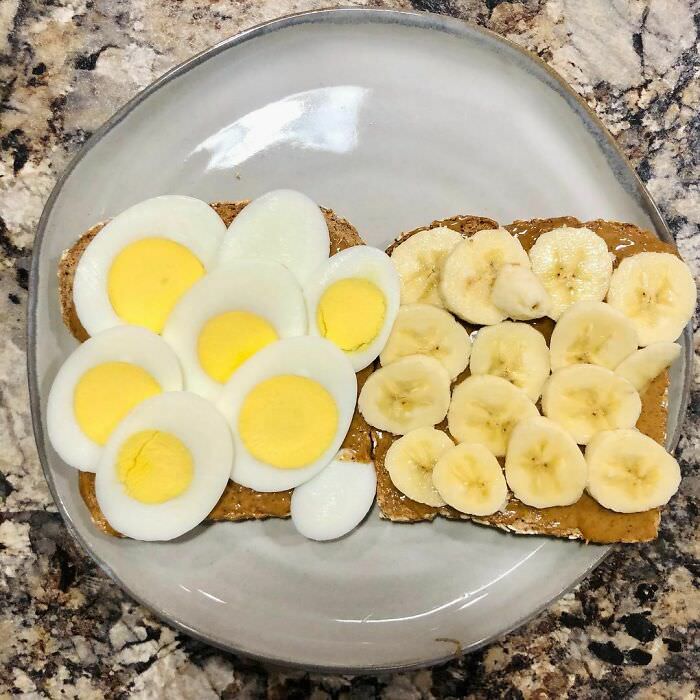 Ezekiel toast with nut butter and a hard-boiled egg.