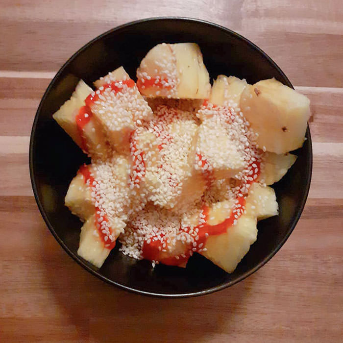 Fresh pineapple, soy sauce, Sriracha, and sesame seeds. Genius or madness?