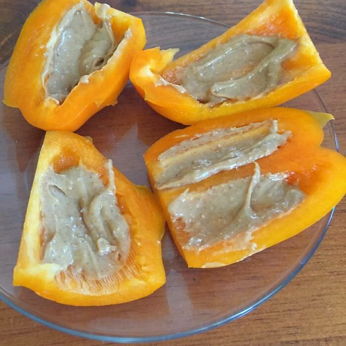 Kill hormonal cravings with natural peanut butter, a pinch of sea salt on a bell pepper.