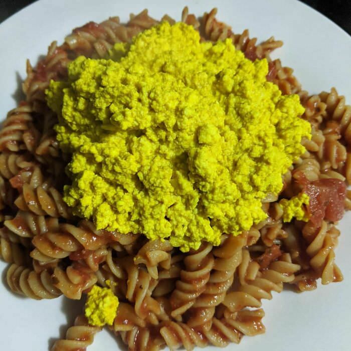Yes, you are seeing that right tofu scramble on top of pasta. It's actually not that bad. I'm never doing this again, though.