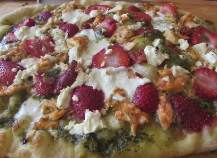 Tim's pizza - the most unexpected. He had seen something like this on a cooking show: strawberries, salmon, new mozzarella cheese. Paul suggested adding the pesto.