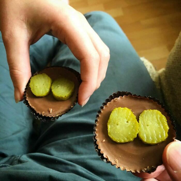 Weird food combinations continue. This time - Reese's Peanut Butter Cups with gherkin.