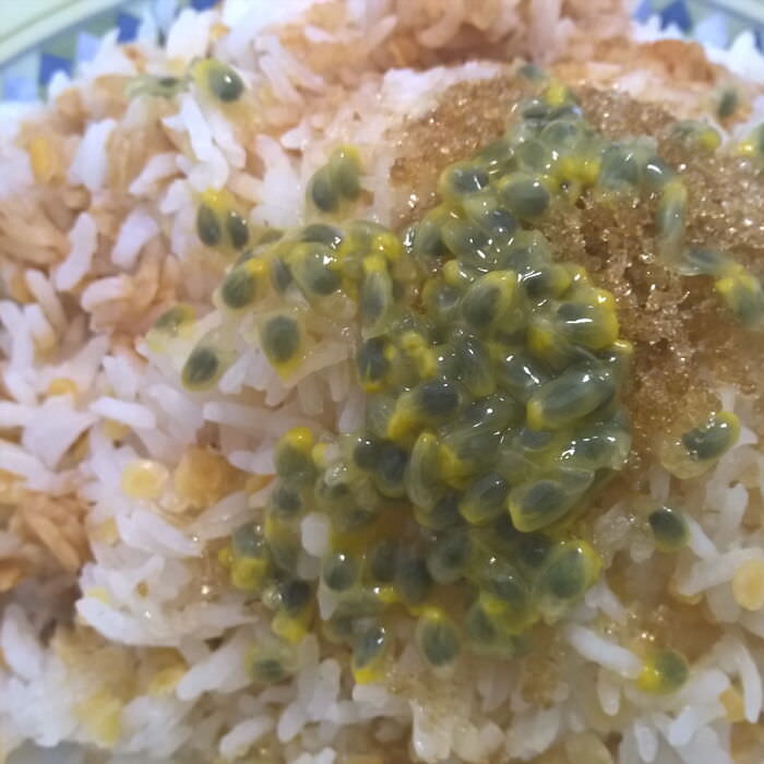 I'm almost convinced that nobody has ever done this combination before. Rice, soy sauce, sugar, and passionfruit.
