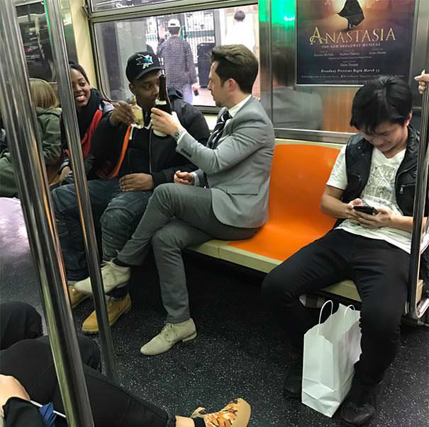 A full bottle of wine rolled out from under a subway seat, and then these 2 strangers popped it open and started drinking it. This is peak NYC.