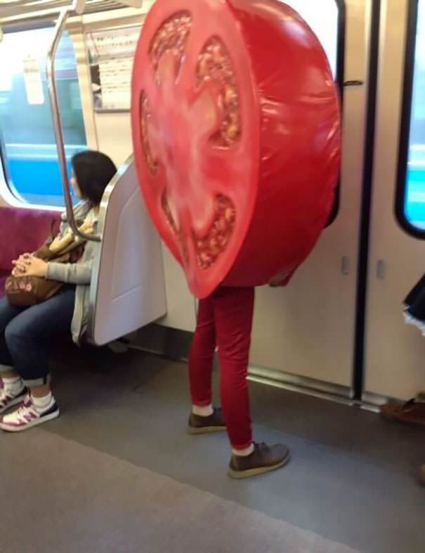 Just a tomato on a subway.