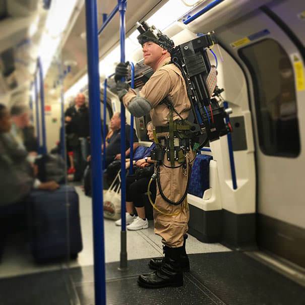 Just your average everyday Ghostbuster on the subway in London.