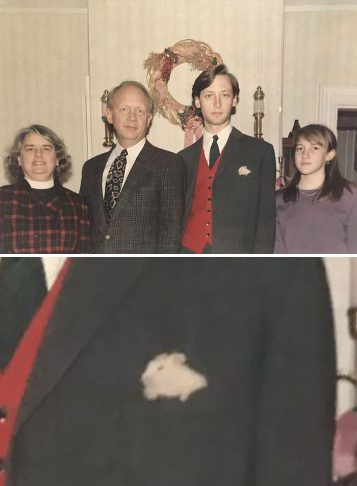 I post this old Christmas photo because I just noticed my pocket square is my sister’s hamster.