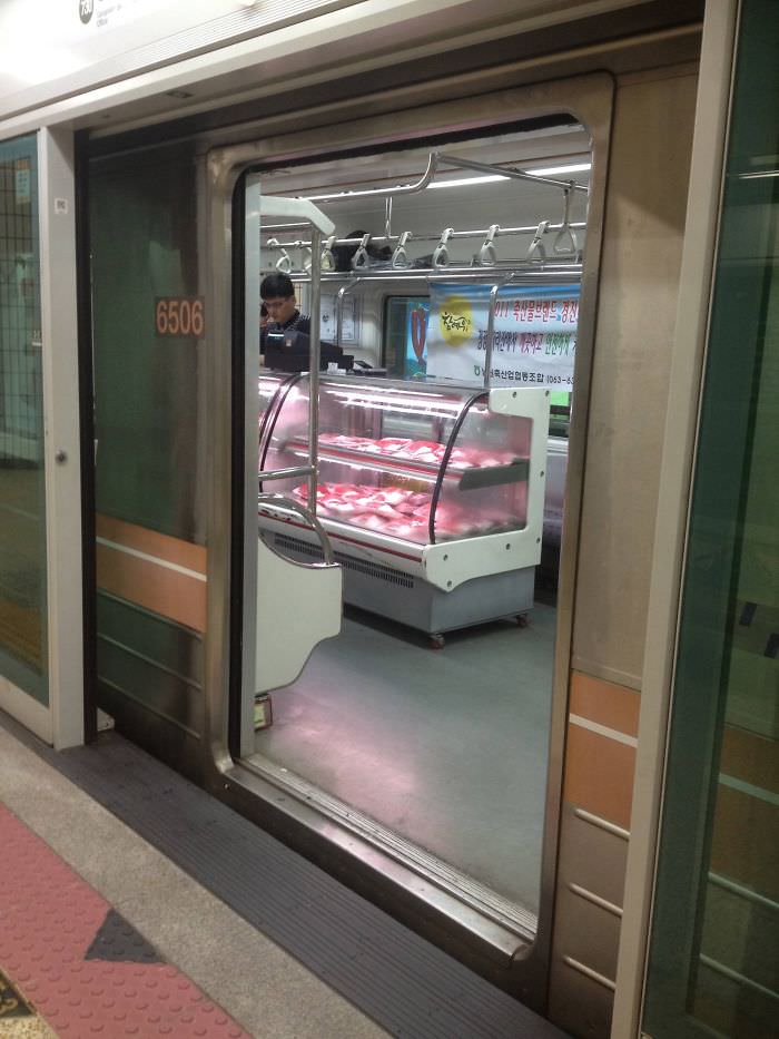 Taking the underground subway in Seoul, I stumbled upon a train that had been converted into a grocery store.