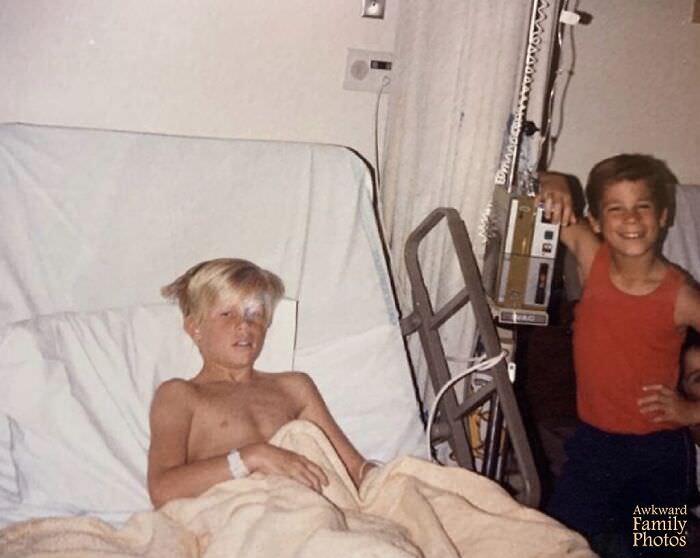 My husband, the blonde, punctured his kidney while wrestling with his brother who is posing on the right. His injury caused him to pee blood and resulted in major surgery. And his little brother couldn’t have been prouder.