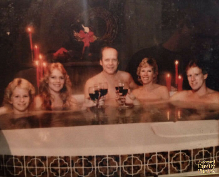 My parents just got a hot tub and were very excited about it. Therefore, my grandma hired a professional photographer to take a family photo in the hot tub. For some reason they posed with wine and candles even though the children were not old enough to drink… and sent it out to 150 plus friends as a Christmas card.