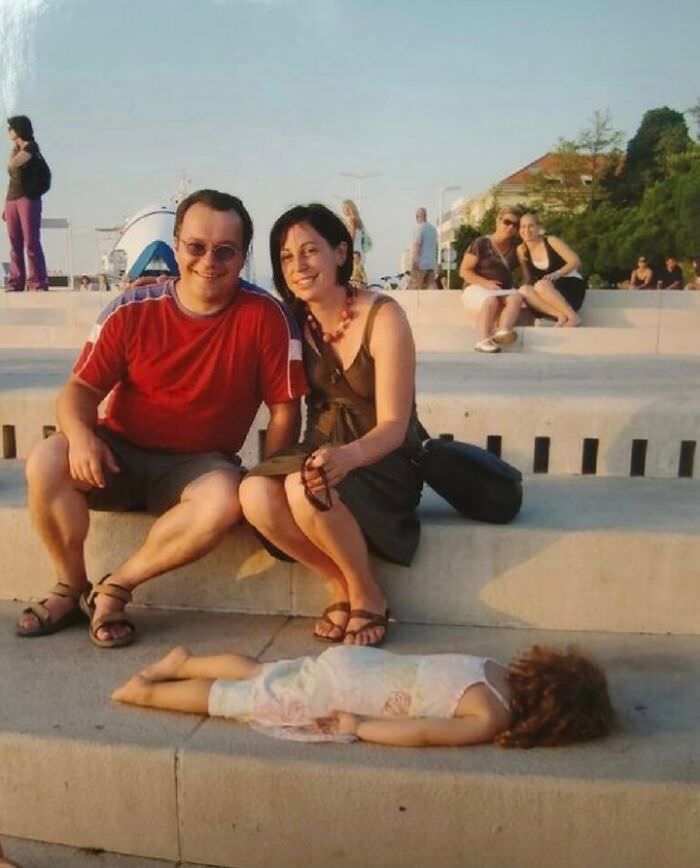 My parents and my little sister on a vacation in croatia. It was a long day and she was quite tired