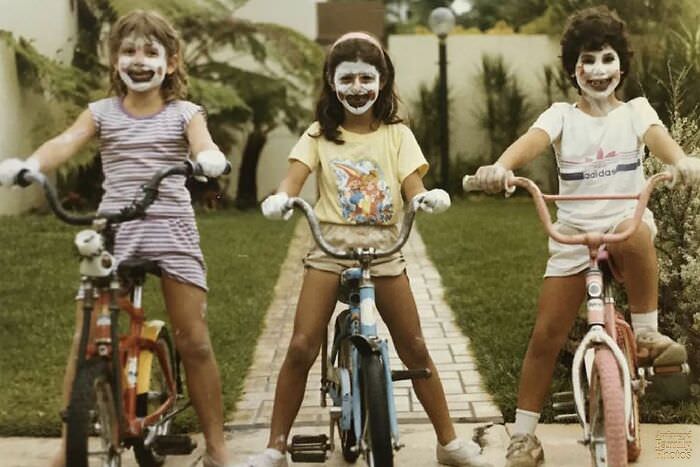 My wife (on the far right) they wanted to dress up as fun clowns and ride around the neighborhood