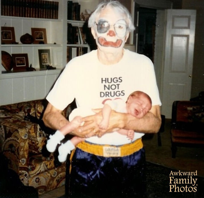 In the photo is my grandpa holding me as a baby in 1989. After grandpa retired, he started a side job as a clown, where he’d go to birthday parties and do magic tricks. He also often wore his boxing shorts from his days as a heavyweight boxer at Michigan State. He was dressing up to entertain the grandkids that day, and the boxing/clown combination certainly made for an interesting photo.