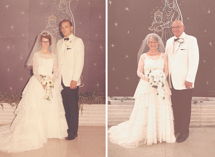 I convinced my parents to reenact their wedding photo 45 years later, including the same dress.