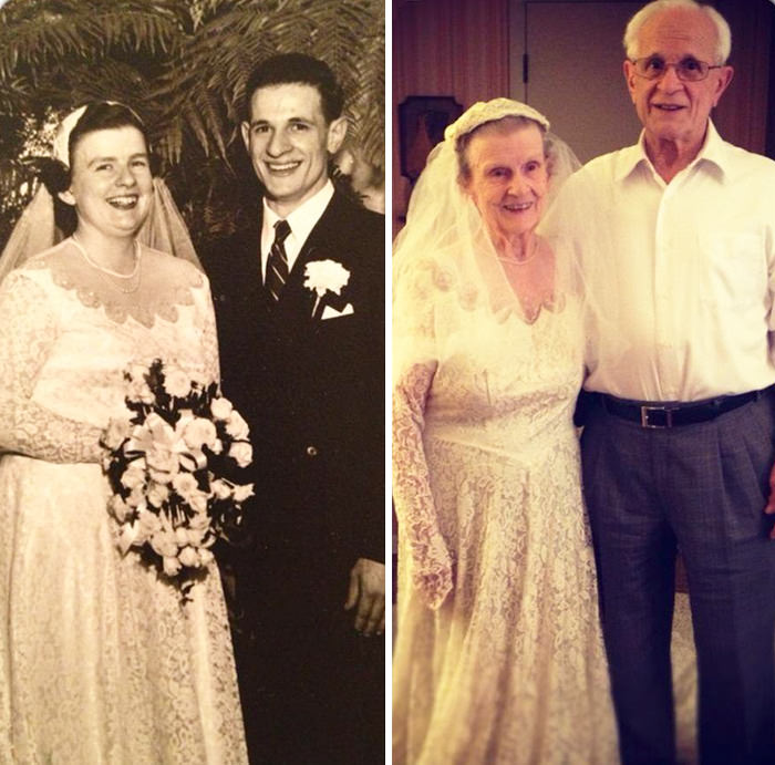 My grandmother wearing her original wedding dress on her 60th anniversary with my grandfather.
