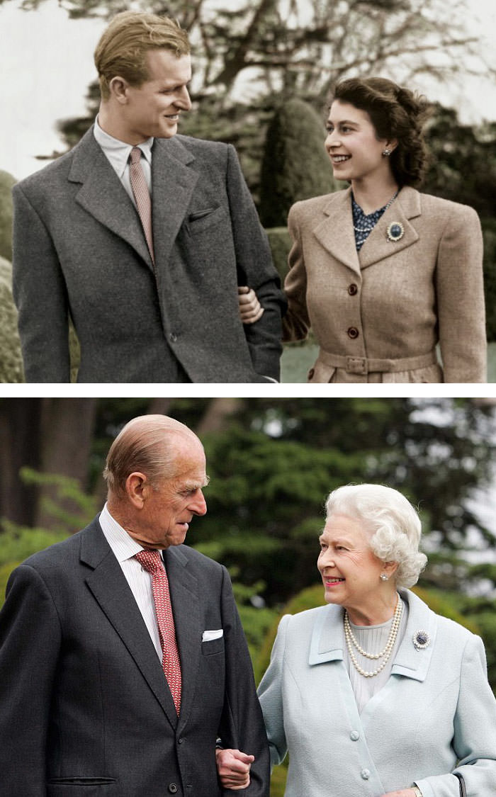 Queen Elizabeth and Prince Philip sharing the same smiles in 1947 and after 60 years.