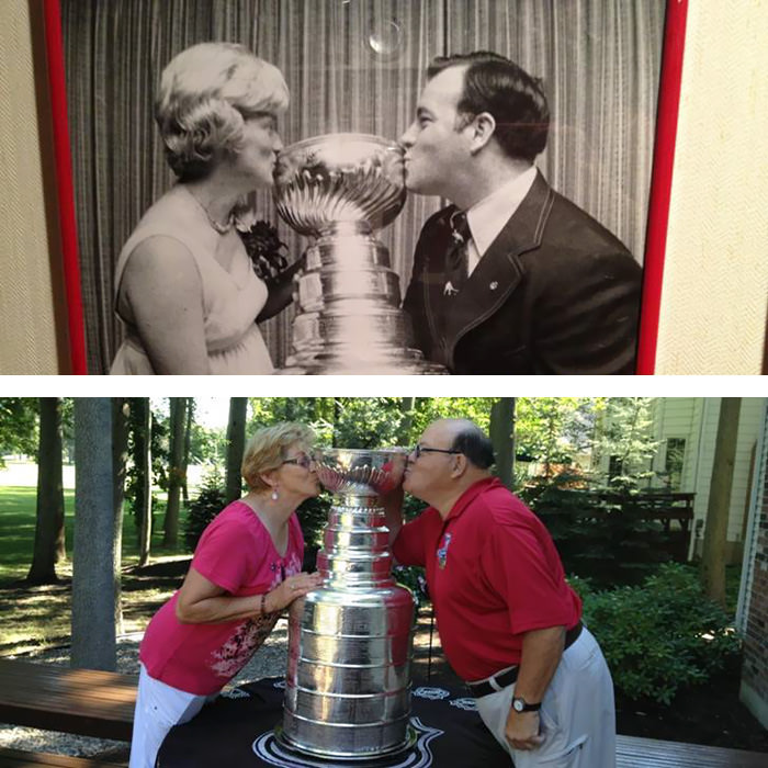 Here is my great-uncle, Scotty Bowman, and his wife kissing the Stanley Cup 37 years ago, and here they are again doing a modern recreation.
