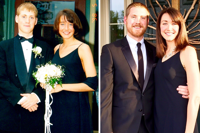 My wife might be a vampire. Left: Junior prom; Right: Almost 20 years later, wearing the exact same dress.