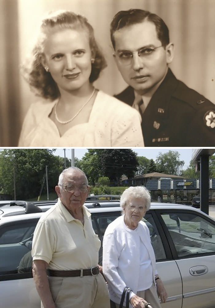 Gramma and Grampa on May 30th, 1945, and again on May 30th, 2010. Gramma died at 90 two Novembers ago, Grampa is still going strong at 94. Married for 65 years.