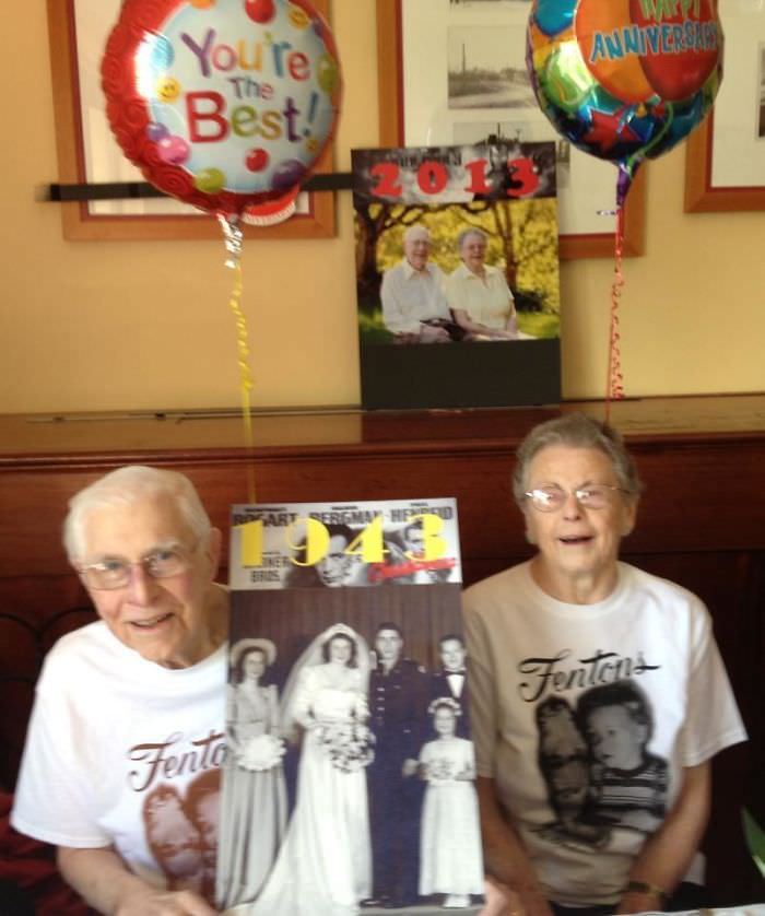 Couple celebrates 70th anniversary at Fentons Ice Cream Shop, one they went to since high school.