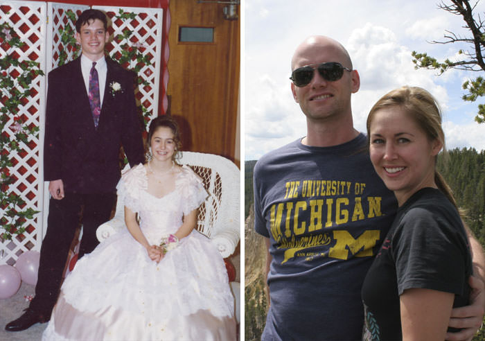 20 years together since 8th grade! Left - 8th-grade Valentines Banquet (1993). Right - trip to Yellowstone (2013).