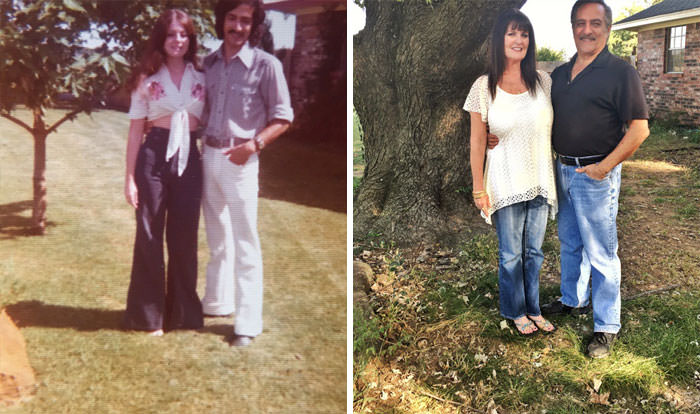 My parents by their tree in 1975 and in 2016.