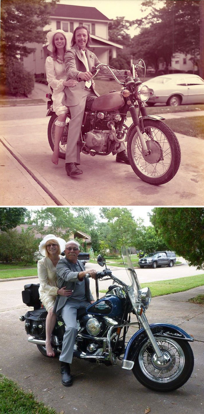 Celebrating the 40th anniversary by recreating their wedding pics from 1975.