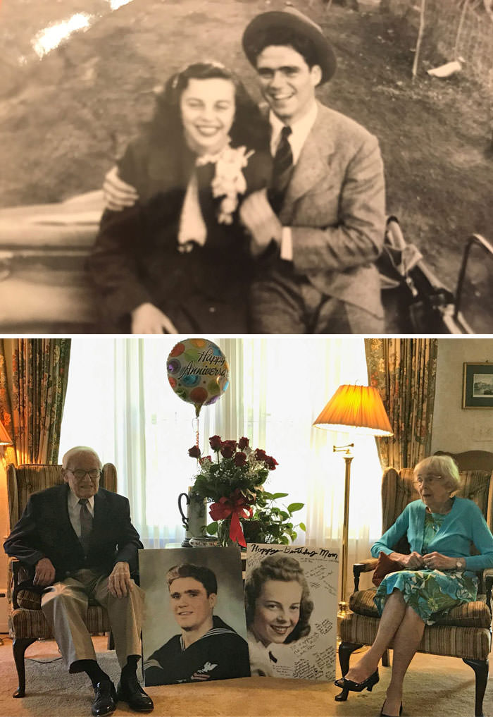 My grandparent's 70th anniversary wedding day photo, and today.