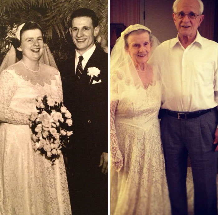My grandmother wearing her original wedding dress on her 60th anniversary with my grandfather. They are a testament to true love and commitment.