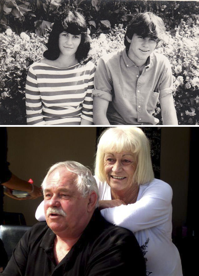 My grandparents celebrate their 50th wedding anniversary. Here they are, age 15 in 1965 and now.