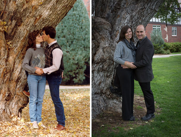25 years of marriage. Picture on the left was taken for our engagement, on the right was our Christmas photo.