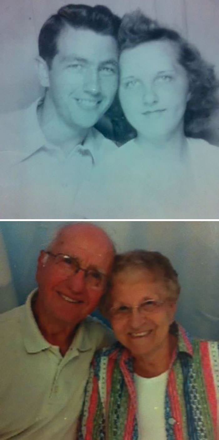 My grandparents on their first date in 1945 and their most recent date, 68 years later.