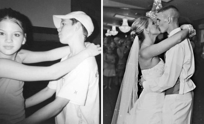 My wife and I during a dance in sixth grade and then on our wedding day.