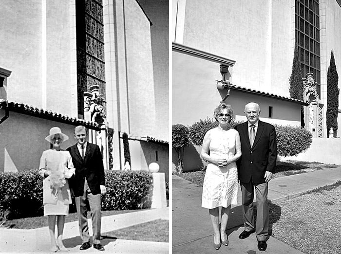 Then and now in front of the same church they got married.