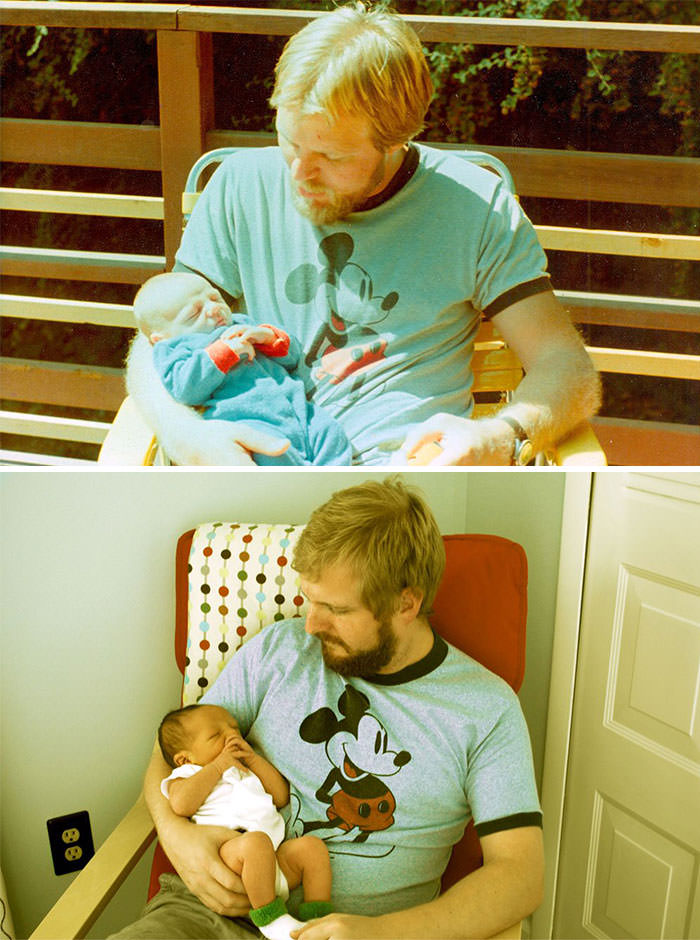 My dad at 29, me at 2 weeks (my dad's first). Me at 29, my boy at 2 weeks (my first).