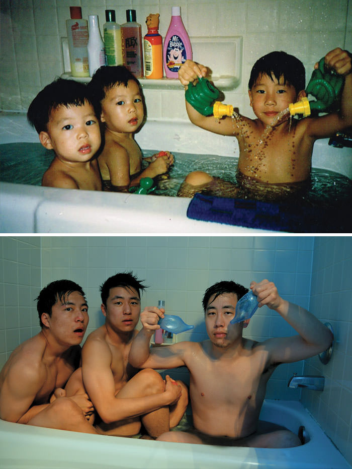 Brothers in a bathtub, 20 years apart.