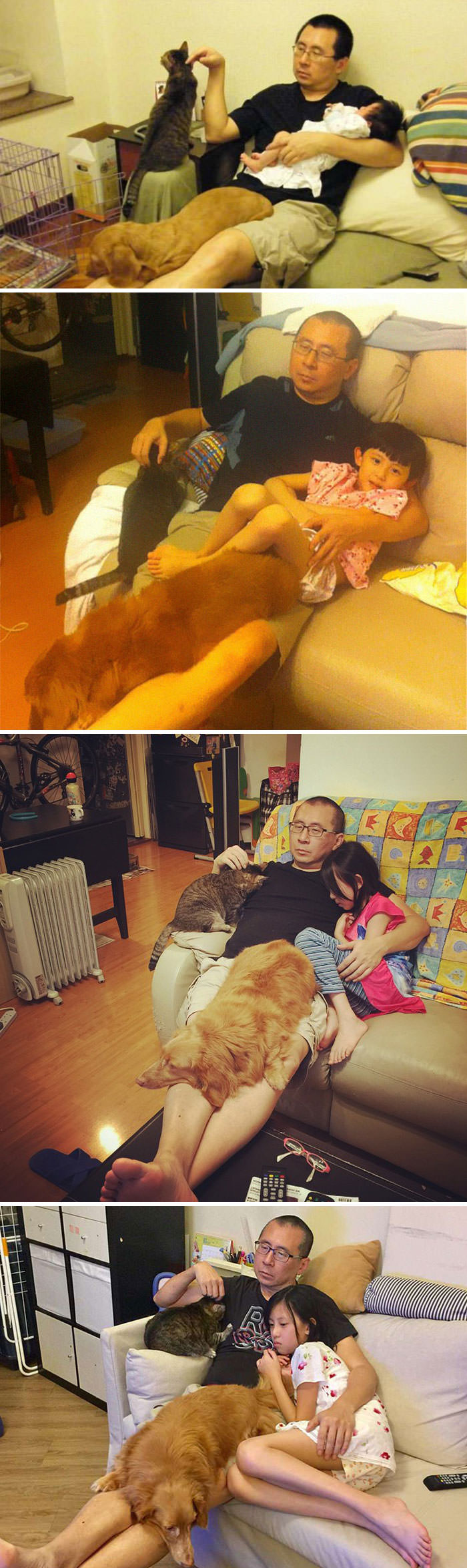 Father, daughter, and their pets recreate the same photo for 10 years, proving that some things never change.