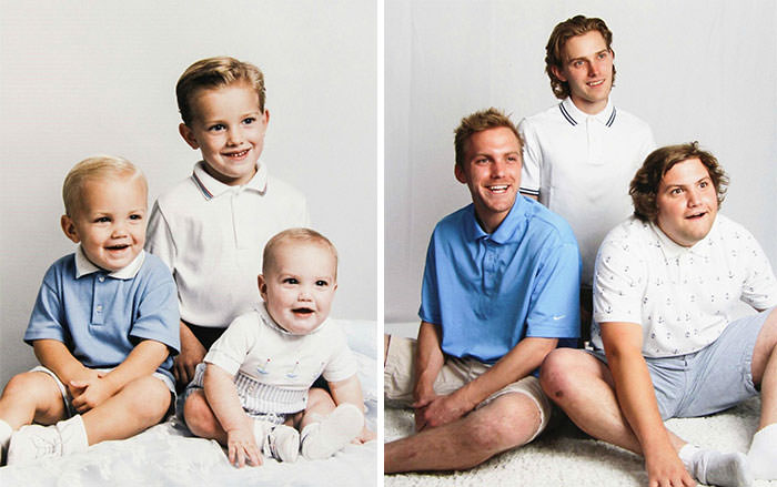 My brothers and I decided to recreate our mother's favorite photo of us for Mother's Day - 20 years apart.
