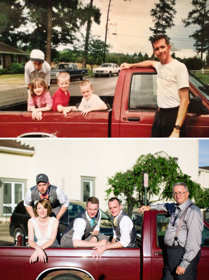 Recreation of bride's childhood family photo at her wedding.