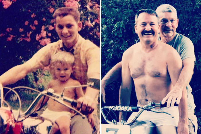 Father’s Day wouldn’t be complete without our annual tradition of remaking this 1968 photo of Dad and me on his first motorcycle.