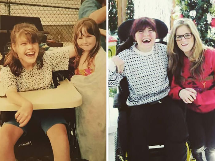 Sisters then and now, photos 20 years apart.