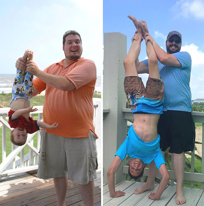 Recreated a picture with my 14-year-old son from 13 years ago today on vacation.