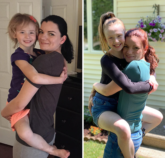 My wife and daughter the day our daughter moved in for foster care vs. today, five years later, two years post-adoption.